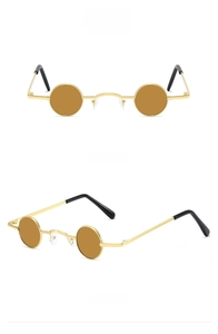 Front and 45-degree side views of retro small round gold metal sunglasses with tea lenses