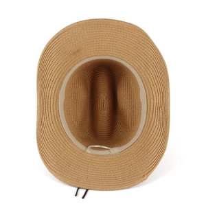 Western straw cowboy hat with bull head ornament, interior sweatband and woven texture details