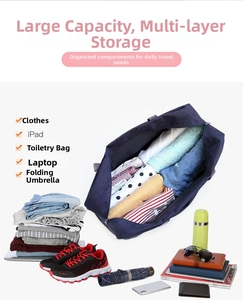 Detail view of large capacity travel bag interior showing organized multi-layer storage