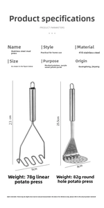 Comparaison détaillée de presse-purée en acier inoxydable 410 avec dimensions
