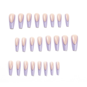 Long coffin press-on nails set featuring lavender purple French tips on 24 piece set