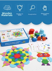 Macro detail of 210 colorful wooden blocks with guiding cards and creative puzzle shapes