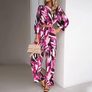 Women Abstract Geometric Print Top And Bottom Casual Long Sleeve Crop Top And High Waist Wide Leg Pants Commuter Fashion Clothes