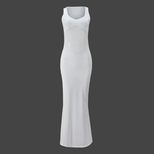 Detail of white maxi dress showing the sexy sheer mesh patchwork on the waist area