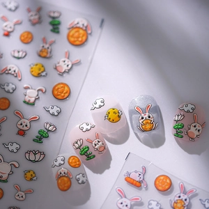 5D embossed mid-autumn nail stickers with cartoon rabbits and moons on pink manicures