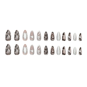 Set of 24 silver 3D press-on nails with marble texture and abstract metallic patterns