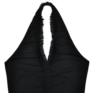 Detail of black mesh halter dress with ruffled deep V-neckline and tiered textures