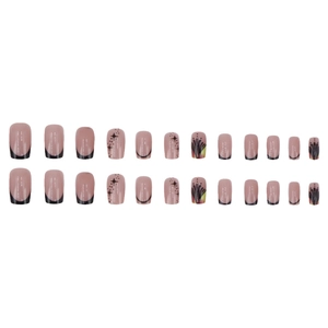 Unghie finte quadrate rosa e nere stile French con motivi a stella e piume astratte