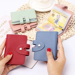 Detail view of colorful accordion card holder with transparent slots and snap button
