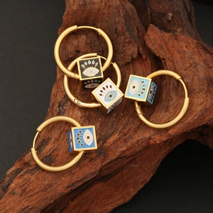 Evil Eye Hoop Earrings Stainless Steel Enamel Square Pendant Gold Plated Boho Turkish Style For Women Personality Jewelry