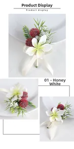 Detail of honey white lily boutonniere with red berries and ribbon for wedding suits
