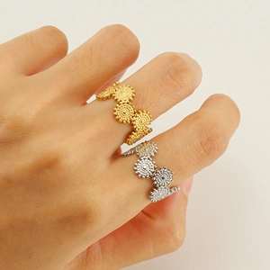 Geometric Gear Texture Open Ring Stainless Steel 18K Gold Plated Adjustable Fashion Minimalist For Women