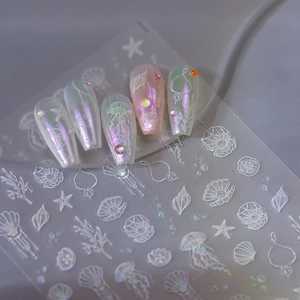 3D Relief Nail Art Stickers Holographic Ocean Theme Shell Jellyfish Starfish Self Adhesive Manicure DIY Decals