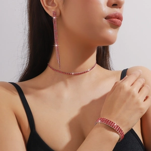 Sparkling red rhinestone jewelry set with choker, fringe earrings and wide bracelet