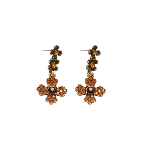 Vintage bronze cross earrings with orange and green rhinestones and a brown center stone