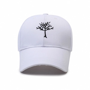 White cotton baseball cap with black tree embroidery and adjustable curved brim