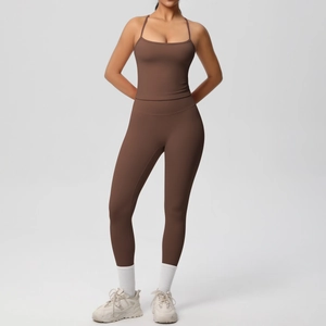 Coffee brown two-piece yoga set with high waist leggings and U-neck sports bra