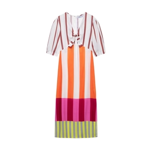 Women Maxi Dress Polyester Striped Color Block V Neck Tie Front Short Sleeve Elegant Side Slit Long Fashion