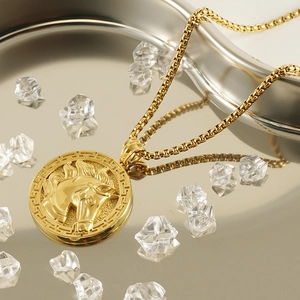 18k gold plated stainless steel necklace featuring horse relief pendant and round bead chain