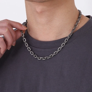 Polished silver stainless steel link chain necklace shown on a model neck close-up