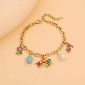 Golden chain necklace with colorful happy rainbow, flower, and pearl charms for women