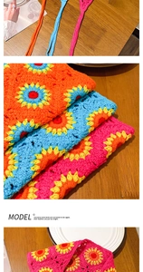 Détail d'un bandana au crochet fait main avec motifs de tournesols colorés et vibrants
