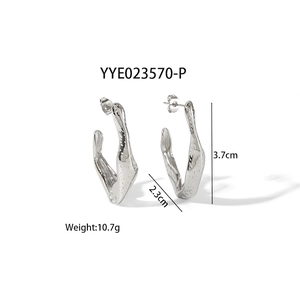 Minimalist irregular geometric silver stainless steel hoop earrings with hammered texture