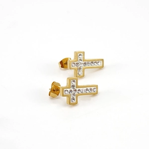 18K gold plated stainless steel cross stud earrings with sparkling zircon stones