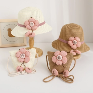 Straw sun hat and matching flower handbag set for girls in cream and light brown