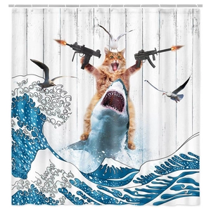 Funny cat riding shark bathroom shower curtain with ukiyo-e wave and wood background