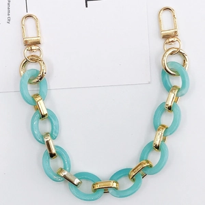 Detail of vintage acrylic oval link bag strap with gold metal lobster clasps