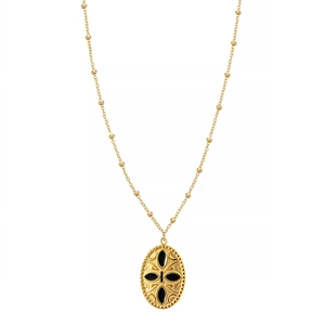 Detail of vintage gold plated necklace with black enamel oval pendant and bead chain