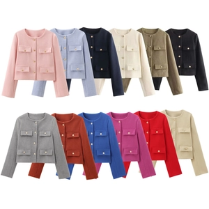 Women Tweed Jacket Short Blazer Round Neck Gold Buttons Four Pockets Elegant Outerwear French Style