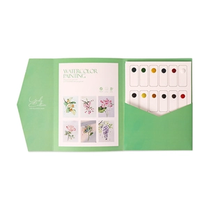 Portable watercolor painting set with 12 solid pigment dots and green folding cover