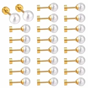 Lot de 12 paires de puces d'oreilles perles blanches avec des supports dorés élégants