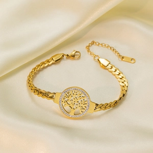Vintage Titanium Steel Tree Of Life Bracelet For Women Gold Plated Round Pendant Inlaid Rhinestone Adjustable Chain Jewelry