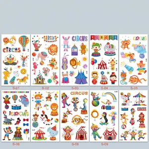 Detailed sheet collection of ten waterproof circus cartoon temporary tattoos for children