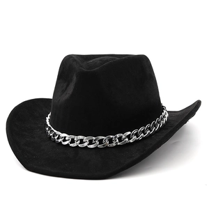 Classic black suede western cowboy hat with a stylish thick silver metal chain band