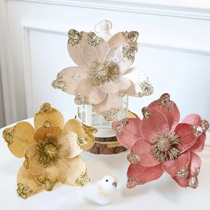 Artificial Christmas Flowers Velvet Magnolia Glitter Edge Xmas Tree Decoration Wedding Party Ornament Champagne Gold