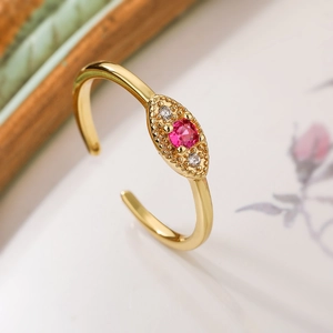 Elegant 18K gold-plated adjustable ring with pink round zircon and side white gemstones