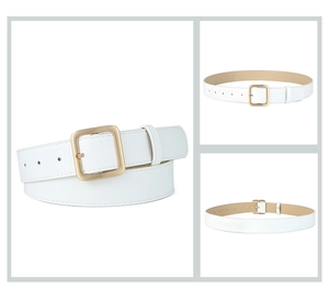 Three-way view of white PU leather belt with golden square buckle and stitching detail