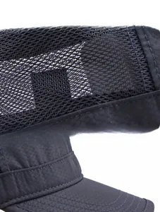Detail view of breathable mesh structure and stitching on navy outdoor flat top military cap