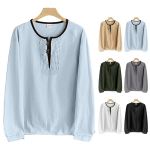 Men Long Sleeve Henley Shirt Linen Blend Retro Casual Loose Solid Color Breathable Summer Top