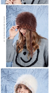 Detailed texture of fluffy faux fur winter beanies with mixed color crochet edges
