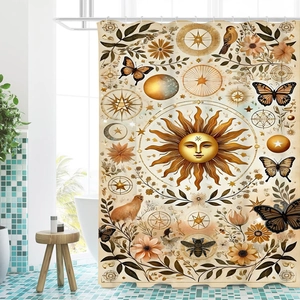 Bohemian sun and moon shower curtain with butterfly and floral patterns in vintage bathroom