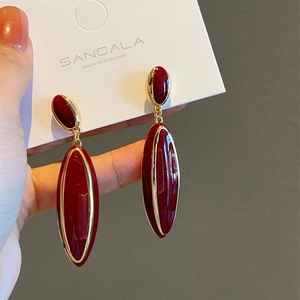 French vintage teardrop enamel long earrings in burgundy red with gold-plated brass finish