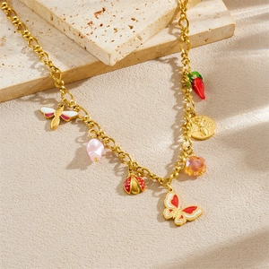 Gold multi-charm stainless steel necklace with enamel butterfly, ladybug and bee pendants