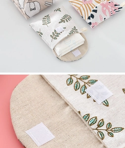 Detail view of cotton linen sanitary pad pouch with leaf pattern and velcro closure
