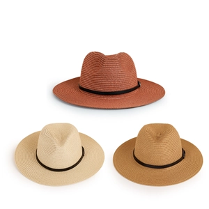 Classic straw fedora hats in brick red, beige and tan with leather band decoration
