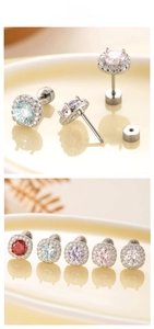 Détail de boucles d'oreilles carrées en zircone en cinq couleurs avec fermoir à vis